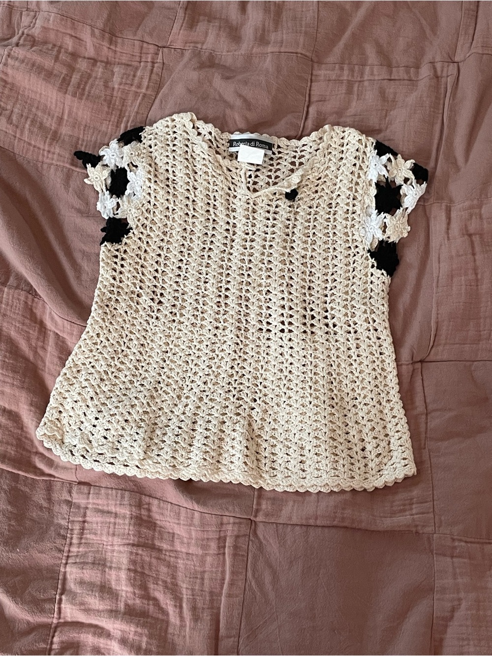 Urban Outfitters Cream Crochet Tank Top with Black & White Floral Sleeves